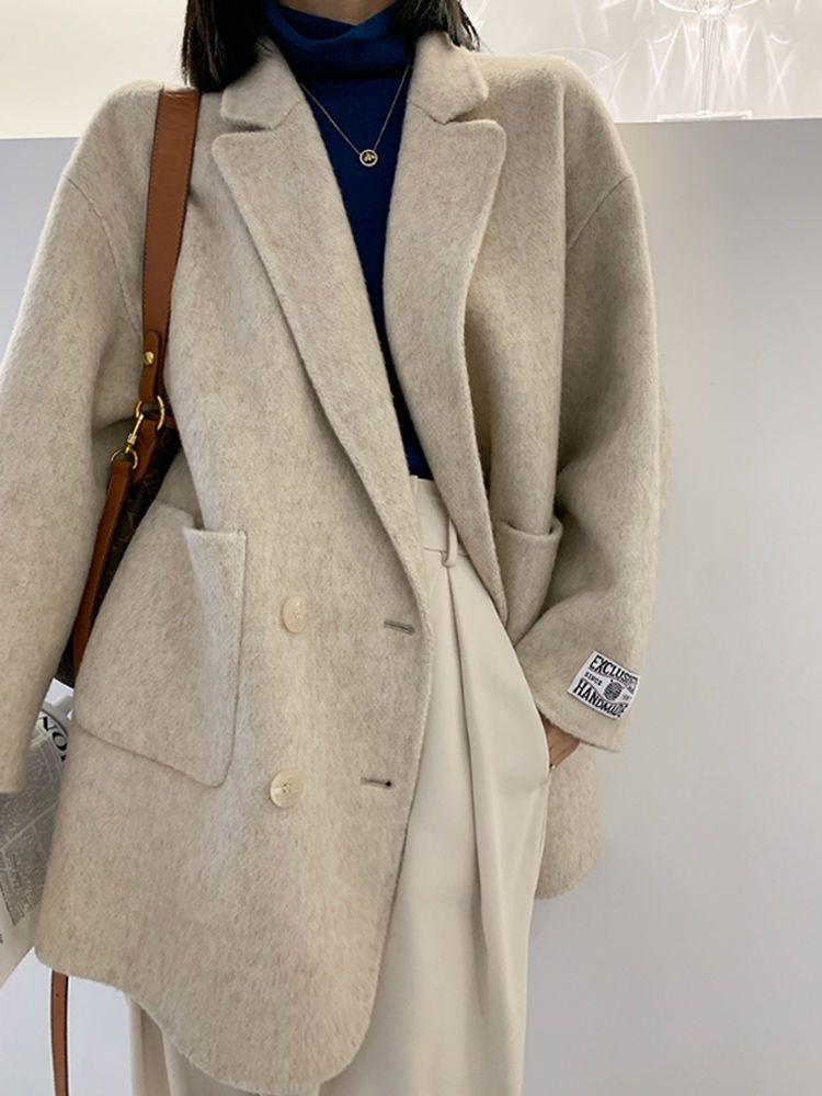 Wolle & Mischungen Mäntel für Frauen Grau Verdickung Herbst Winter Frauen Kalten Mantel Lose Umlegekragen Mode Anzug Frauen_voghion.com