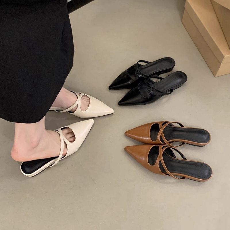 Mules basse da donna in morbida pelle con punta a punta, stile francese, per l'abbigliamento estivo all'aperto_voghion.com