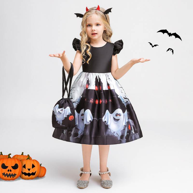 Ghost Show Kleid Kinder bedrucktes Band Bag Forged Cloth Kleid Mädchen Halloween Show Kleid_voghion.com