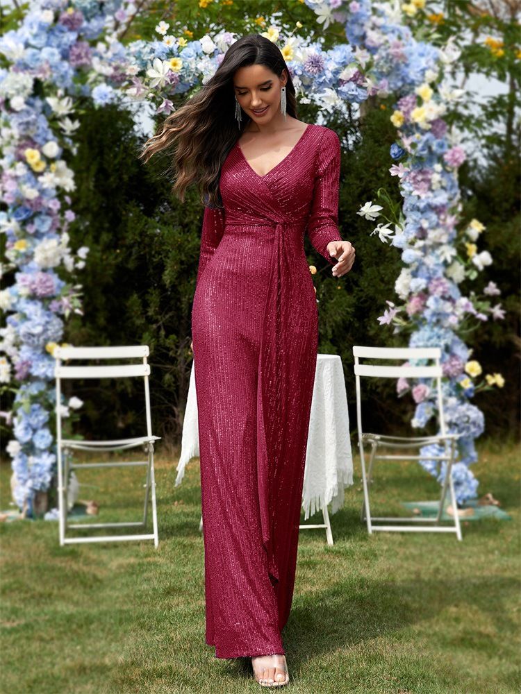 Abito da sera a sirena con scollo a V e maniche lunghe da donna_voghion.com