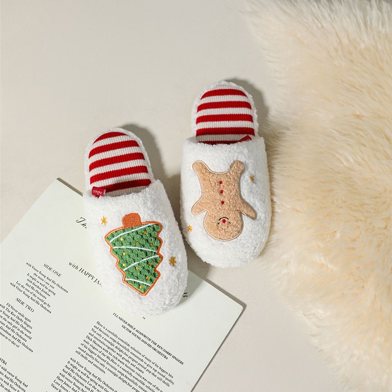 Halluci Weihnachtsserie Lebkuchenmann Hausschuhe aus Baumwolle für den Innenbereich, rutschfeste Gummisohle, für Damen, Cartoon-Design, für den Heimgebrauch_voghion.com
