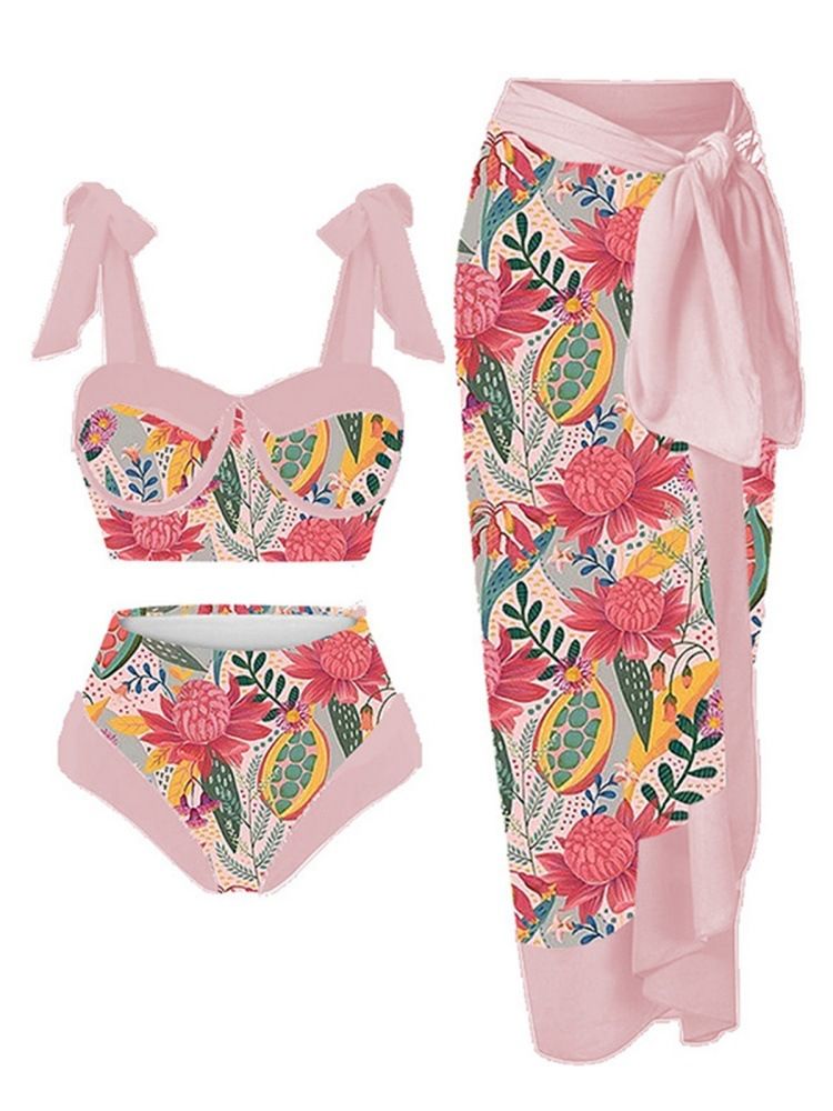 Elegante costume da bagno a 3 pezzi in rete – Bikini con stampa digitale e gonna lunga per spiaggia e piscina_voghion.com
