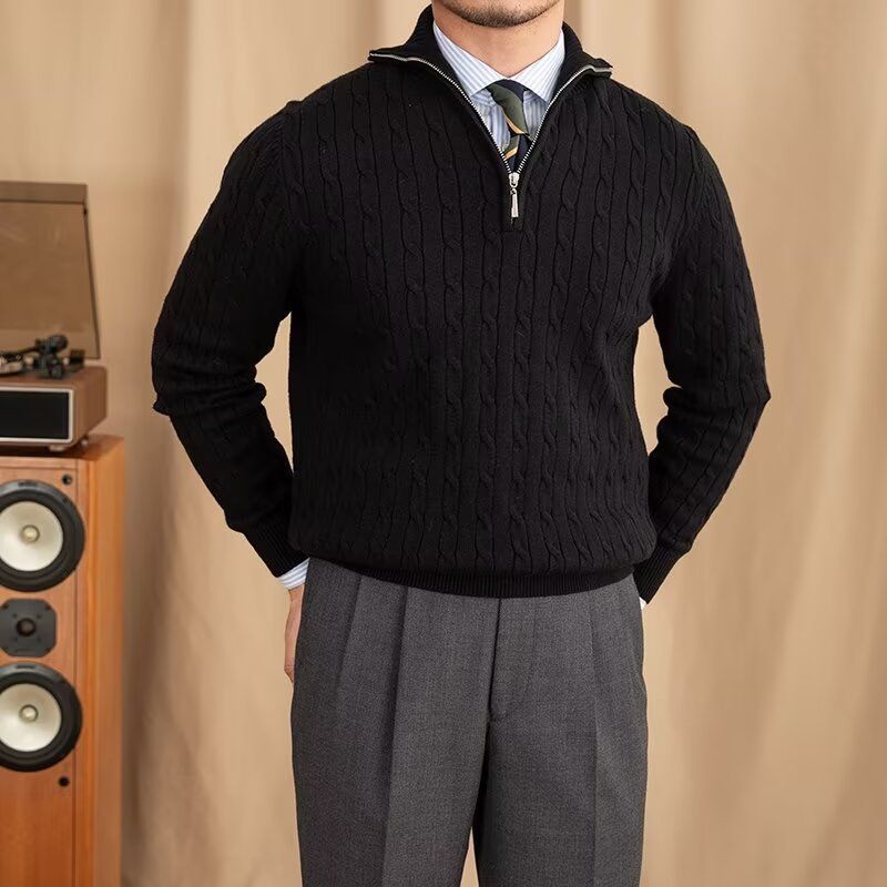 Men's Clothing Cozy Retro Zip-Up Knit Sweater For Men & Women, Soft Pullover With Embroidered Badge, Loose Fit Casual Wear, Black/White, Sizes M-3XL_voghion.com