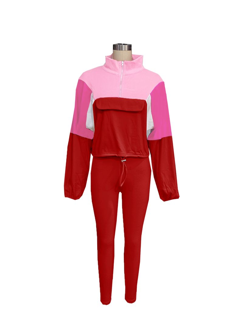 Women's Clothing Autumn Contrast Color Suit Zipper Color Block Sweater Tights Sports Two Piece Suit_voghion.com