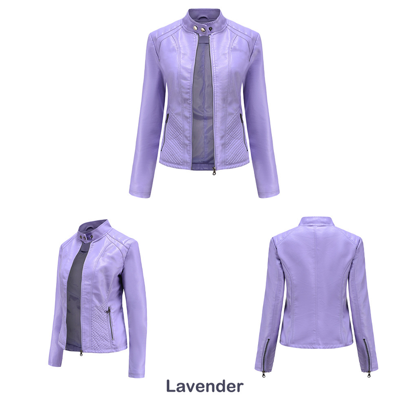 Giacca da motociclista a maniche lunghe, giacca casual in pelle da donna_voghion.com