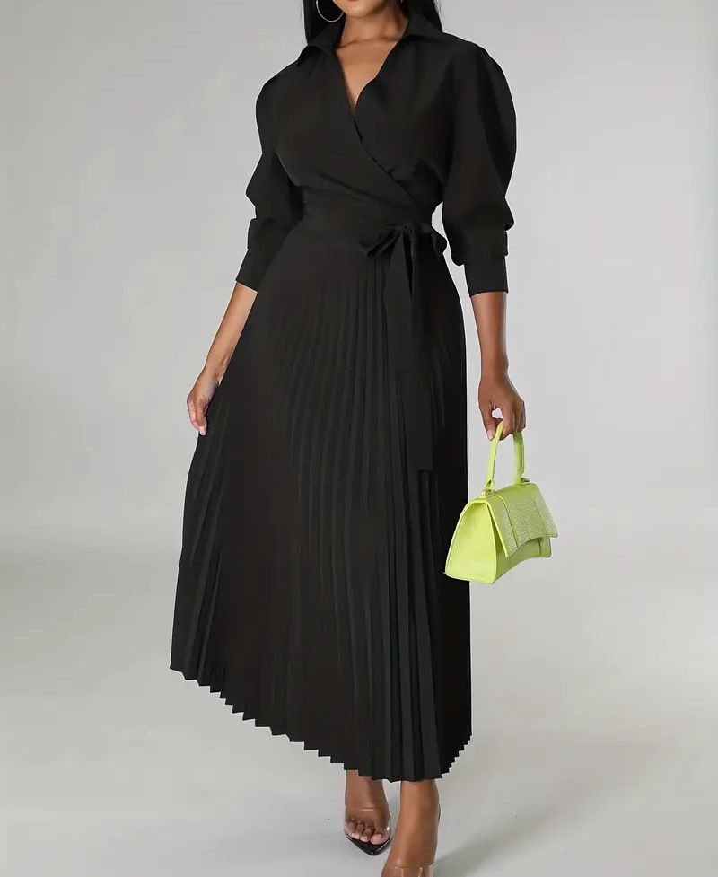 2025 Eleganter Stehkragen Langarm Taille Plissee Langer Rock Kleines elegantes Kleid_voghion.com