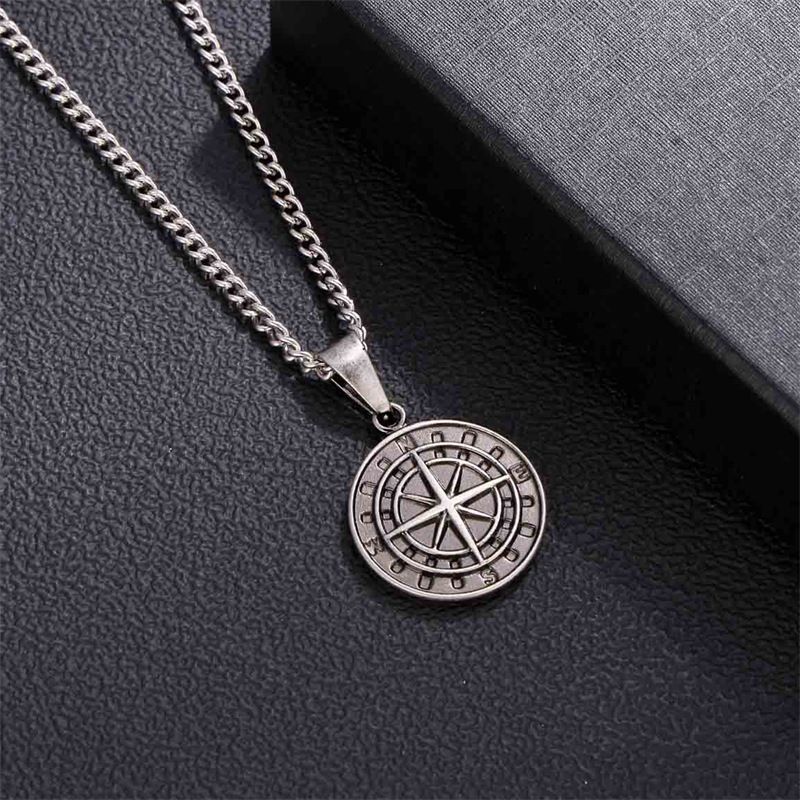 Collier boussole rétro en acier inoxydable pour homme et femme, pendentif pièce de monnaie, style punk, accessoires de bijouterie_voghion.com