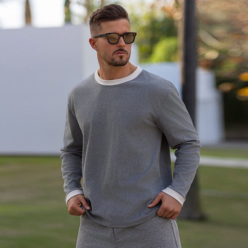 Maglietta a maniche lunghe, girocollo, con cuciture a contrasto, in flanella lavorata a maglia, per uomo, autunno inverno_voghion.com