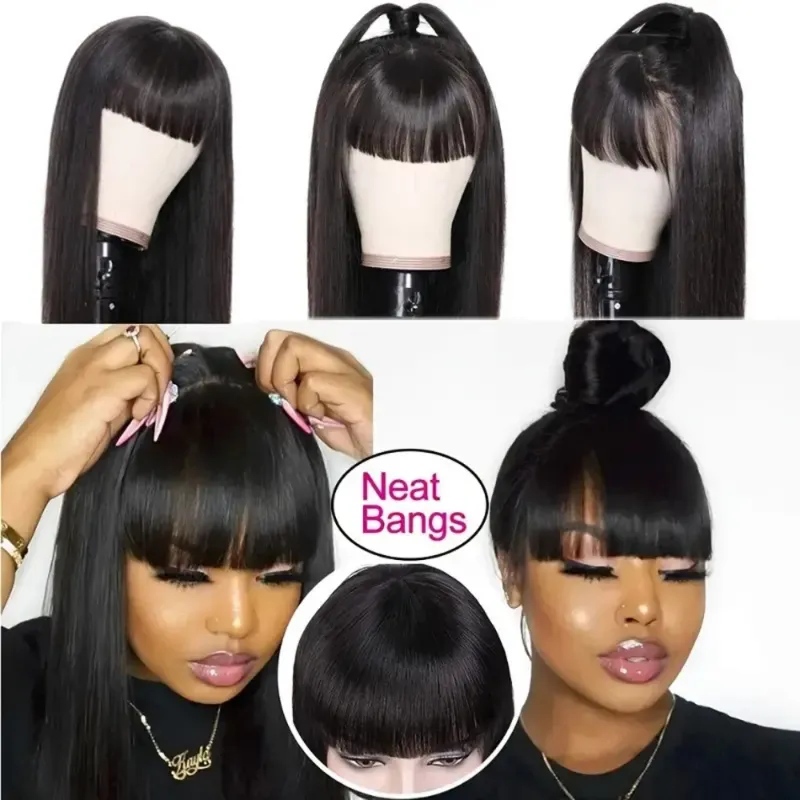 Glatte Perücke aus Echthaar mit Pony, brasilianisches Remy-Echthaar, Perücken für Frauen, 100 % Echthaar_voghion.com