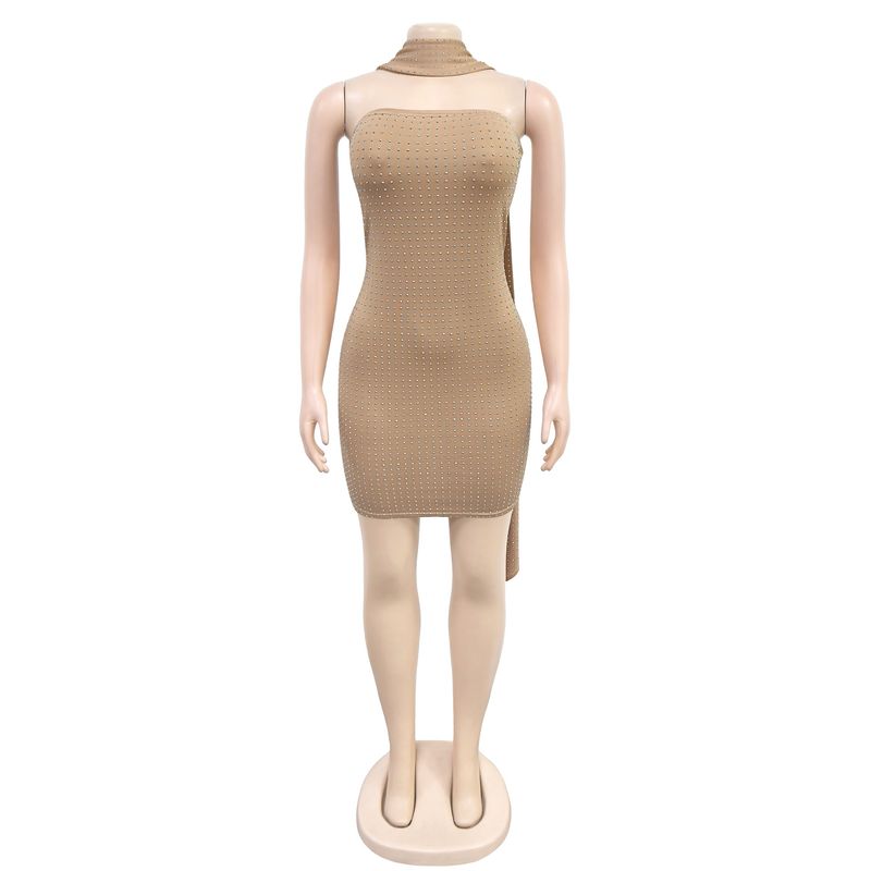 Elegantes, figurbetontes Kleid mit Schleife und Strass – dehnbares Minikleid aus Milchseide für Damen (Schwarz/Haut/Weiß)_voghion.com
