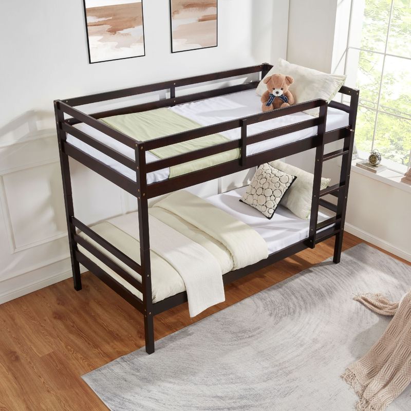 Twin Over Twin Bunk Bed With Ladder,Wooden Bunk Bed With High Guardrail And Ladder For Kids, Teens, Dorm Rooms, And Guest Rooms,No Box Spring Needed,Espresso_voghion.com