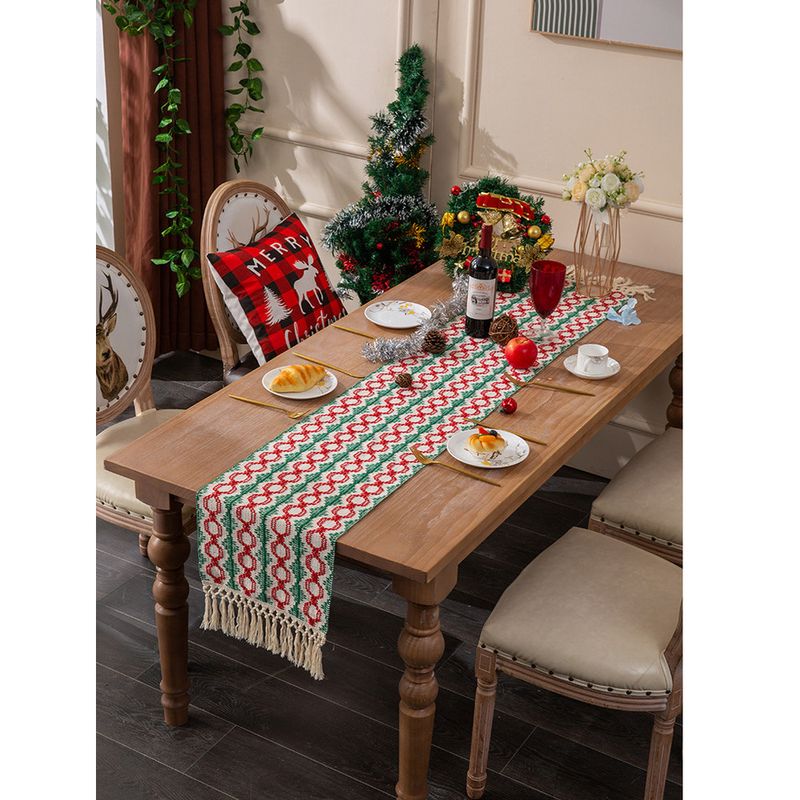 Lillian Neuer Weihnachtstischläufer aus Baumwolle, gewebt, zweifarbig, Patchwork, mit Quasten, lange Tischdecke für Zuhause_voghion.com
