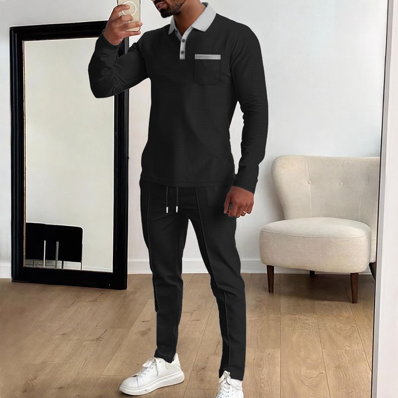 Men's Casual Waffle Knit Long Sleeve Polo & Pants Set - Breathable Comfort, Versatile Styling For Outdoor & Daily Wear_voghion.com