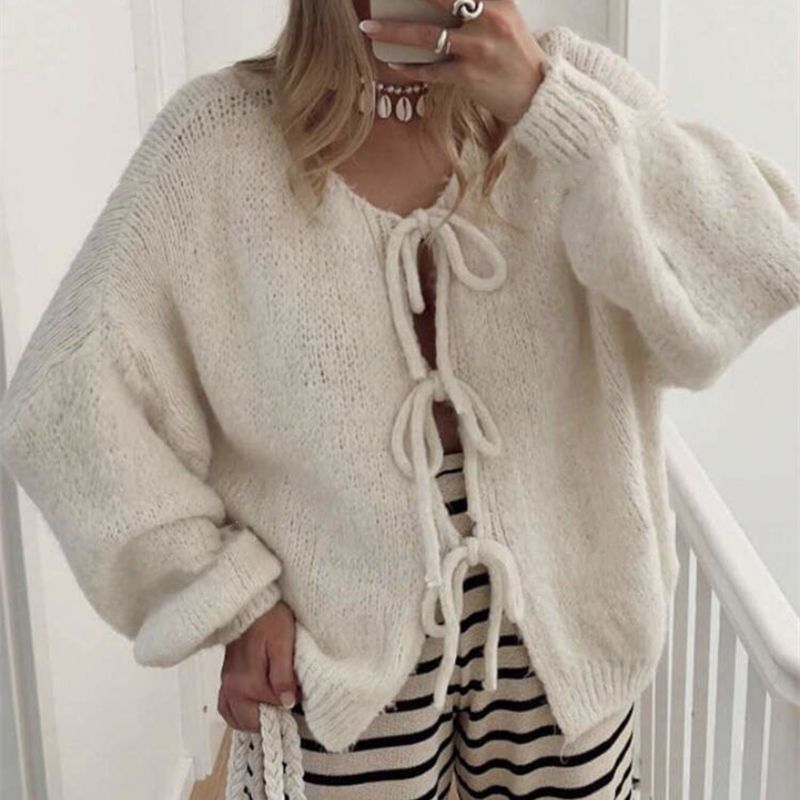 Women's Clothing Elegant V-Neck Tie-Front Knit Cardigan Soft Stylish Long Sleeve Open Front Sweater Lightweight & Versatile For Office & Casual Wear_voghion.com