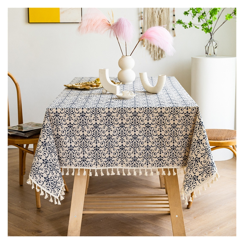 Retro bedruckte blaue Tischdecke, rechteckig mit Quasten, Tischdecken, Esstisch-Abdeckung für Hochzeit, Party, Restaurant, Tischdekoration_voghion.com