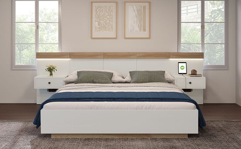 Cadre de lit Queen Size avec 2 tables de nuit LED et prise USB C, ensemble de lit en bois 180 x 200 cm avec 2 tables de nuit, mobilier de chambre complet en chêne Sonoma/blanc, dimensions 205 x 284 x 90,5 cm (L x l x H), sans matelas._voghion.com