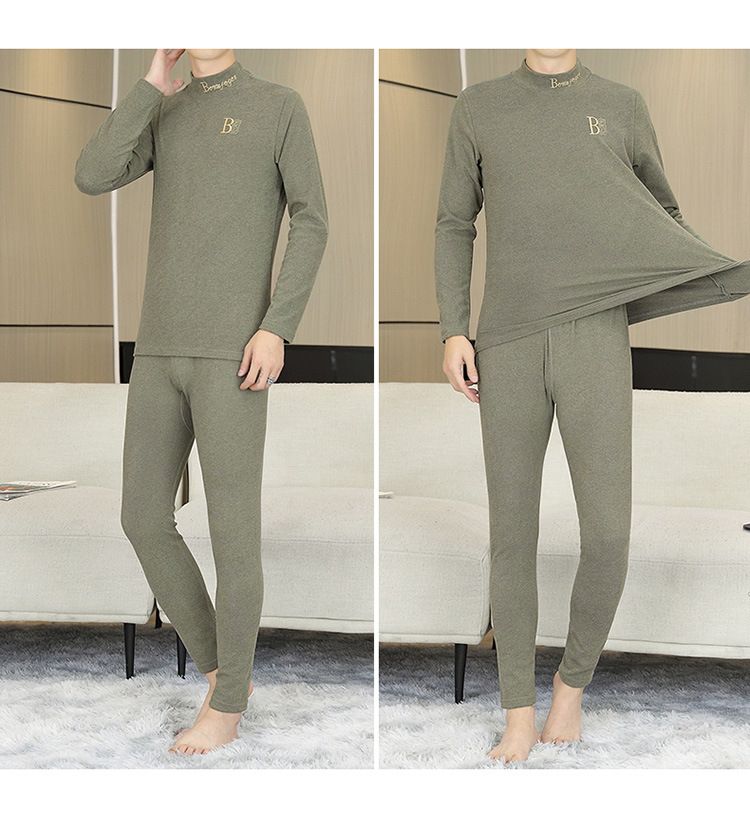 Completo intimo termico da uomo premium ricamato, strato di base invernale foderato in pile con collo alto, tessuto bifacciale ultra caldo per il freddo_voghion.com