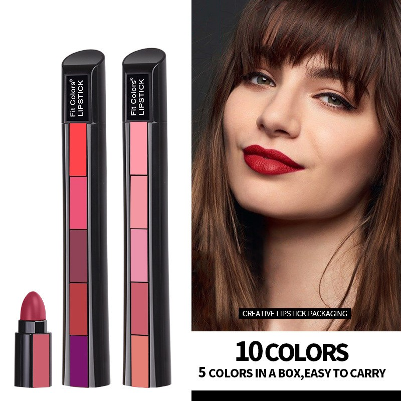 Tienda de cuidado de belleza Lápiz labial combinado de 5 colores, resistente al agua, 5 secciones, mate, Veet, brillo labial antiadherente de larga duración, Lipsti sti_voghion.com