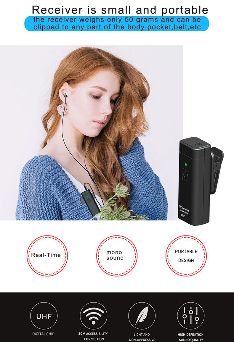 Sistema di monitoraggio auricolare mono wireless per accompagnamento musicale sul palco, voce dell'ospite, ritorno in tempo reale, UHF_voghion.com