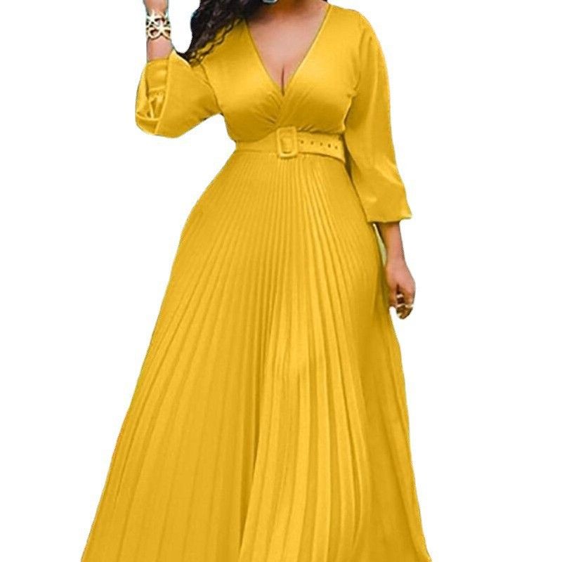 Vêtements pour femmes jaune taille haute slim couleur unie tempérament rétro mousseline de soie à manches longues robe longue_voghion.com