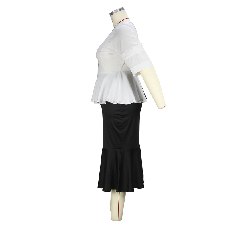 black and white contrasting color stitching beaded top fishtail skirt plus size suit_voghion.com