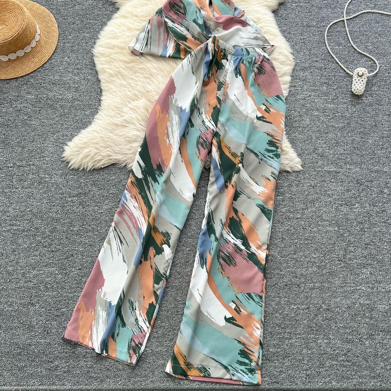 Women's Clothing Two Piece Suit Cross Waist Round Neck Short Sleeves Printed Top High Waist Casual Wide Leg Pants_voghion.com