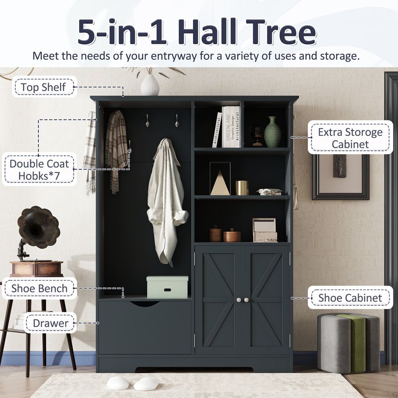 Multi-functional Hall Tree With Storage Shelves Drawers And Cabinet, Elegant Hallway Shoe Cabinet With Bench, Modern Coat Rack With Hooks For Hallway Entryways, Antique Blue_voghion.com