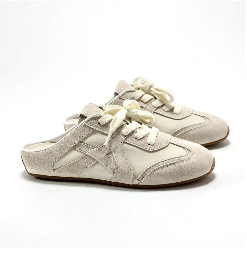 Trainingspantoffeln im koreanischen Stil für Damen, flache Halbschuhe aus weichem Leder mit Farbblockdesign und geschlossener Zehenpartie für den Sommer im Freien,_voghion.com
