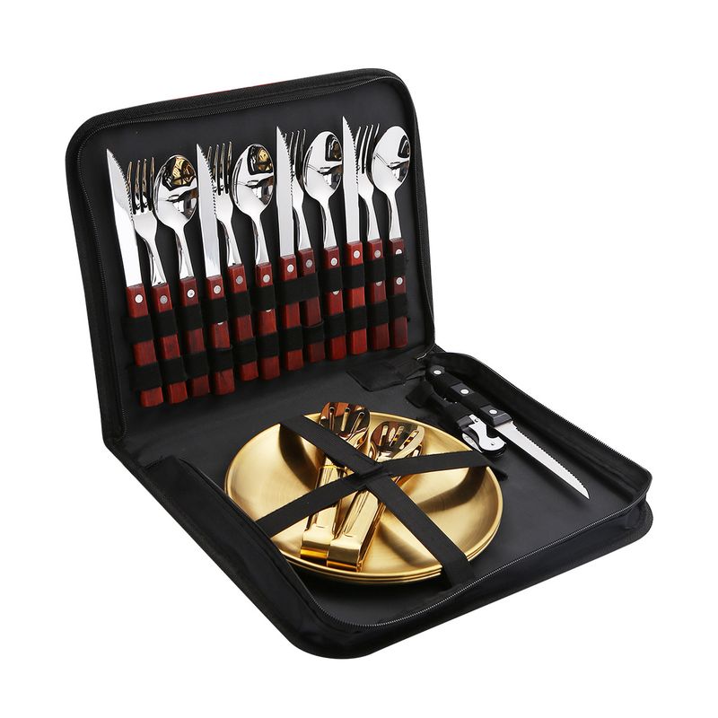 Edelstahl-Besteckset für den Außenbereich, tragbar, Western-Messer, Gabel und Löffel, Bestecktasche mit Holzgriff_voghion.com