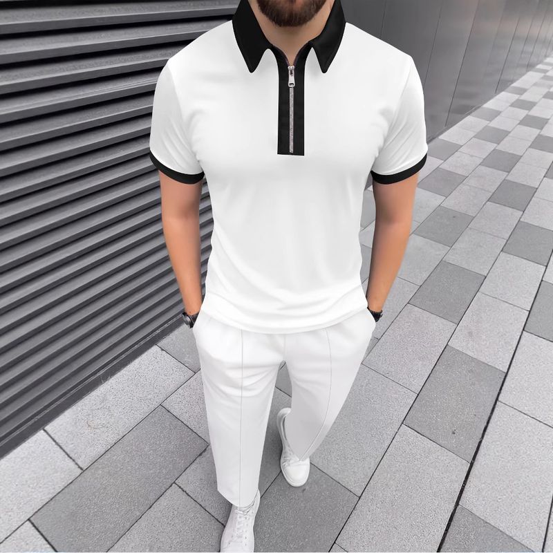 Men's Clothing Summer Polo Shirt Zipper Casual Short Sleeve Shorts Suit_voghion.com