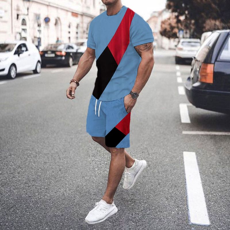 Fashion Sports Men's Round Neck High Elasticity Muscle Short Sleeve Multi Color Splicing Set_voghion.com