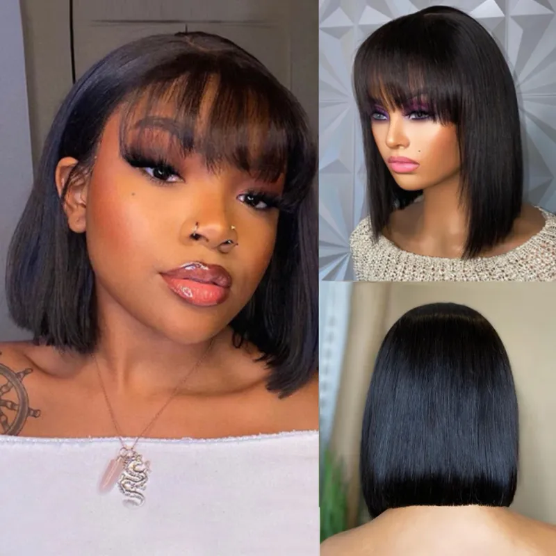Korte Bobpruik Met Pony Recht Haar Bobpruiken Braziliaanse Menselijk Haar Pruik Remy Volledig Machinaal Gemaakte Pruik voor Vrouwen Lijmloze Bobpruik_voghion.com