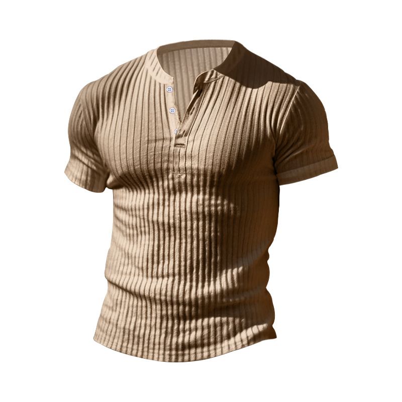 Abbigliamento da uomo T-shirt slim a maniche corte con scollo a V e bottoni casual in tinta unita_voghion.com