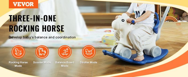 VEVOR 4 In 1 Rocking Horse For Toddlers 1-3 Years, Baby Rocking Horse With Detachable Balance Board, Push Handle And 4 Smooth Wheels, Support Up To HDPE 80 Lbs Kids Ride On Toy With Sound, Blue_voghion.com