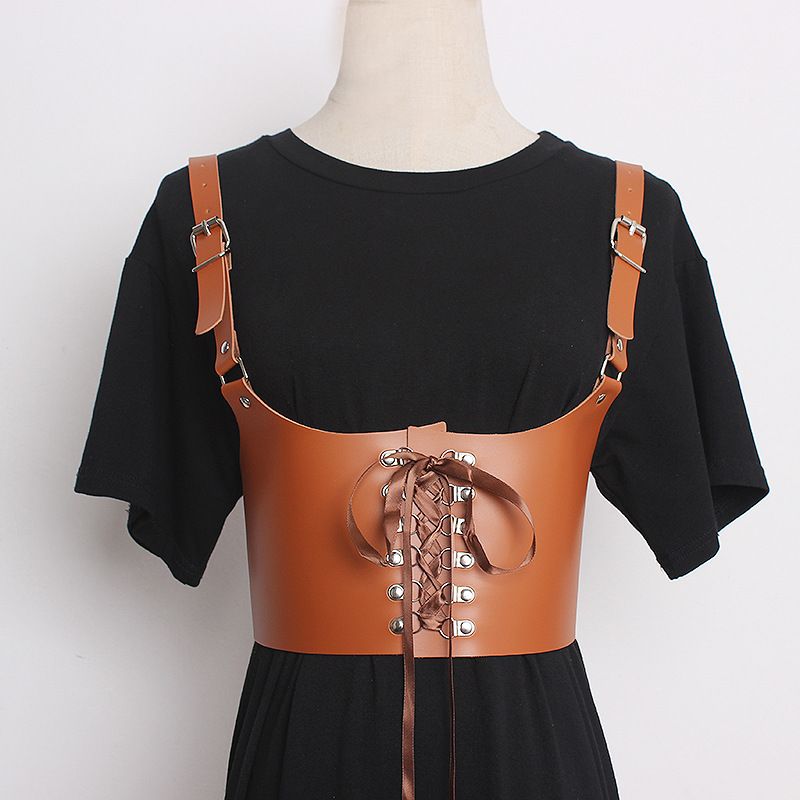 Dames leren harnas vest riem vrouwelijke zwarte strik schouderband_voghion.com