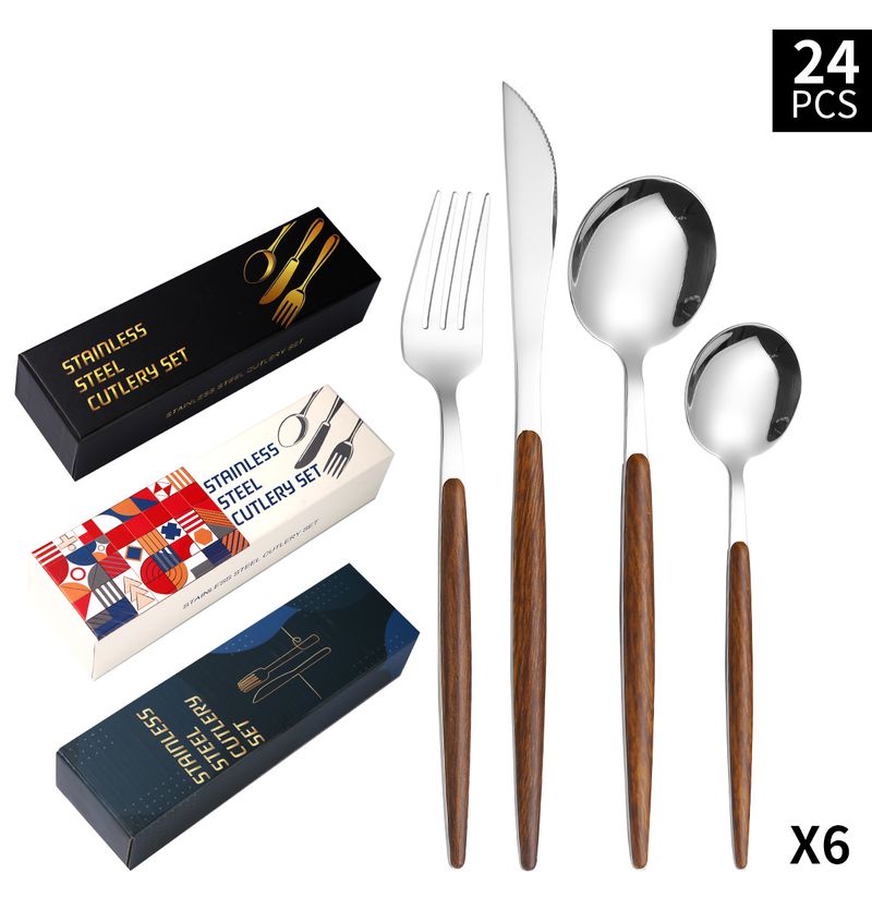 Set di posate in acciaio inossidabile da 24 pezzi - Coltelli e forchette da bistecca in acciaio 430 con manico in legno retrò_voghion.com