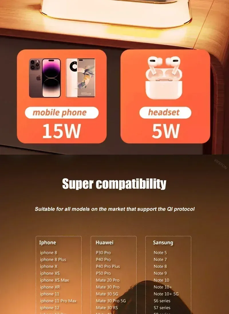 Luce notturna a LED con 3 luci, rotazione a 360°, sveglia, caricabatterie wireless per telefono cellulare da tavolo, per camera da letto, smartphone_voghion.com