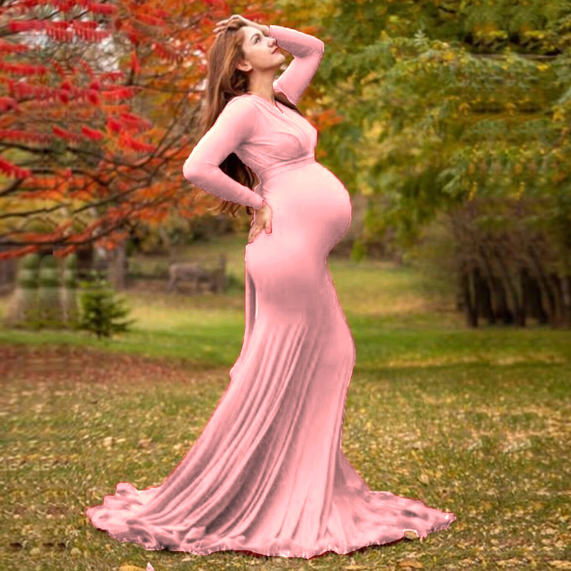 Abito da sera premaman in cotone mercerizzato con scollo a V, maniche lunghe, abito da fotografia_voghion.com