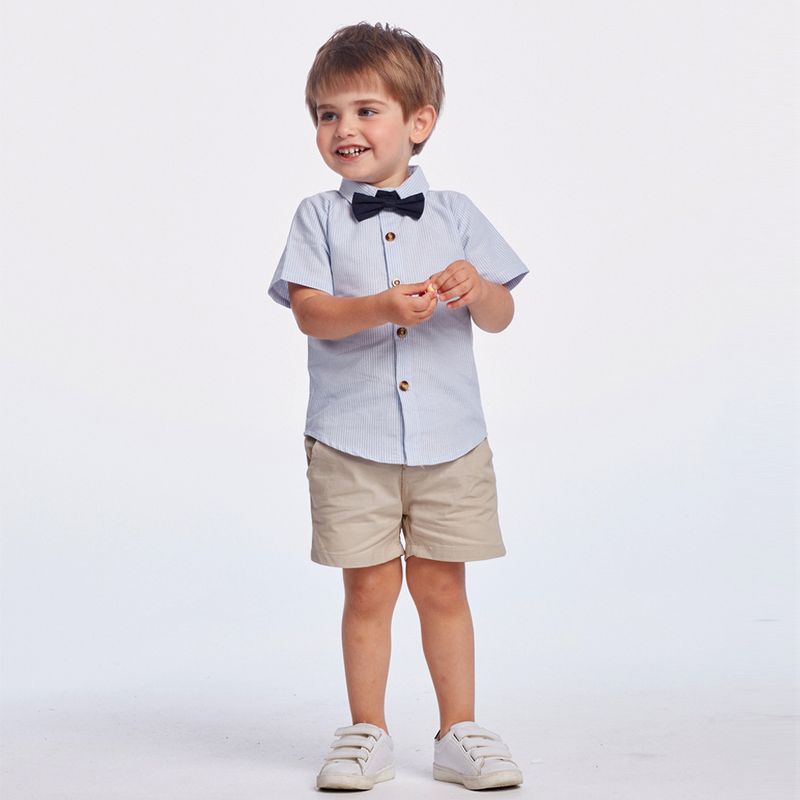 Kinderkleidung Kinderkleidung Anzug Jungen Kurzarm gestreiftes Hemd Baumwolloverall Performance-Kleidung Gentleman ein Jahr altes Kleid_voghion.com