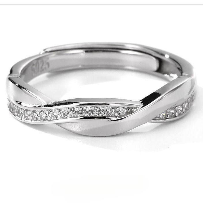 Anelli regolabili versatili in stile di nicchia, leggeri e di lusso, in stile coppia intrecciata in vimini con diamanti scintillanti in argento S._voghion.com