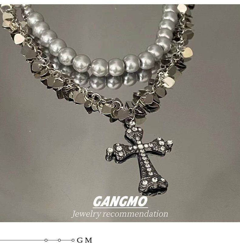 Gri İnci Elmas Haç Çift Katmanlı Pullu Kolye Hafif Lüks Metal Aşk Yüksek Kaliteli Kolye Gerdanlık_voghion.com