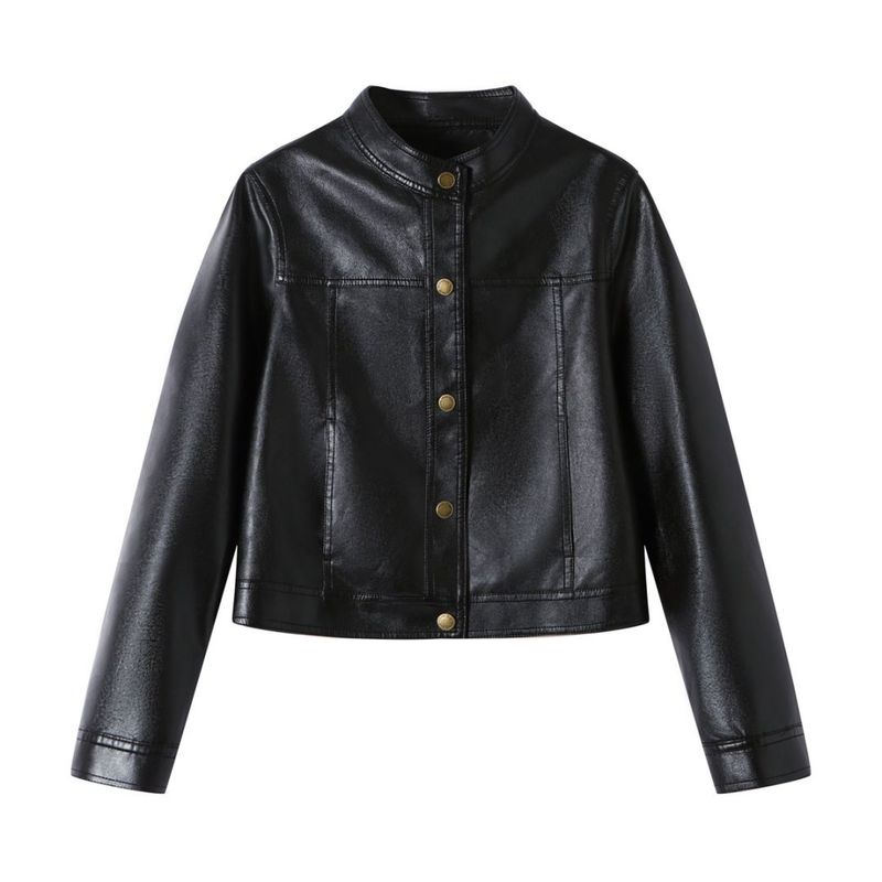 Veste Haining pour femme, style coréen, version courte, petite taille, col montant, veste de moto en cuir, printemps 2025_voghion.com