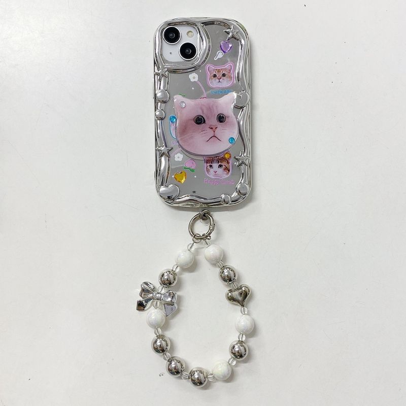 Three-dimensional wave applicable iPhone14PRO electroplated mirror cat bracket drop-resistant soft case  15 phone case_voghion.com