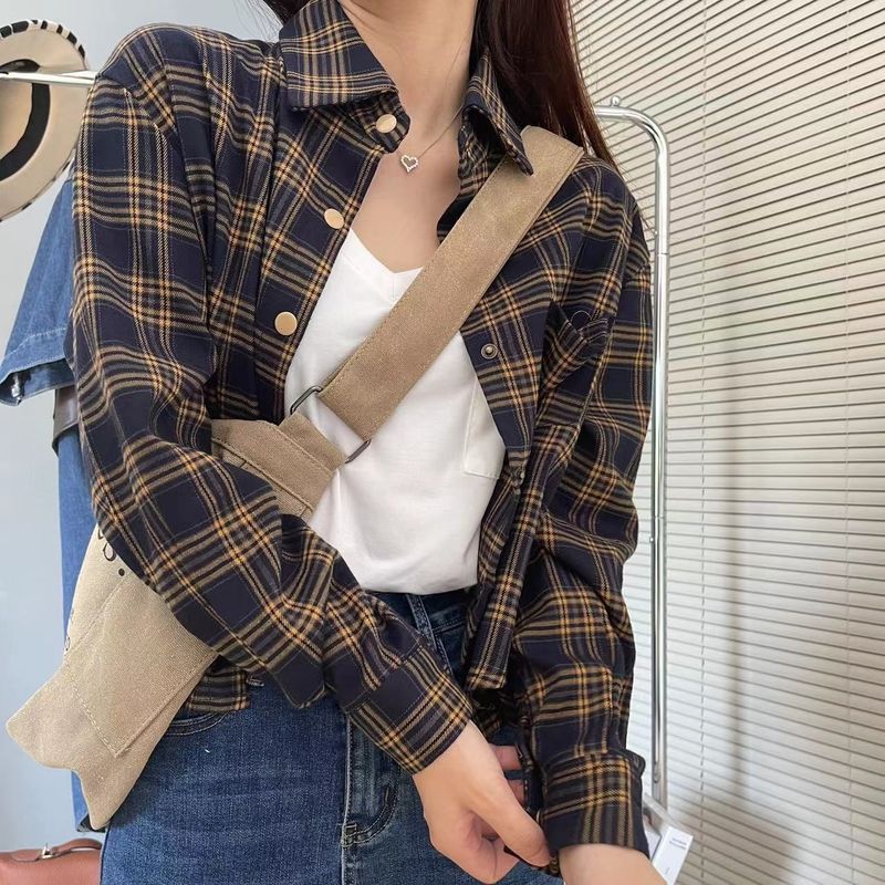 Corée du Sud Dongdaemun 2024 Printemps/Été Chemise Veste Femme Empilée Décontractée À Carreaux À Manches Longues Haut Court_voghion.com