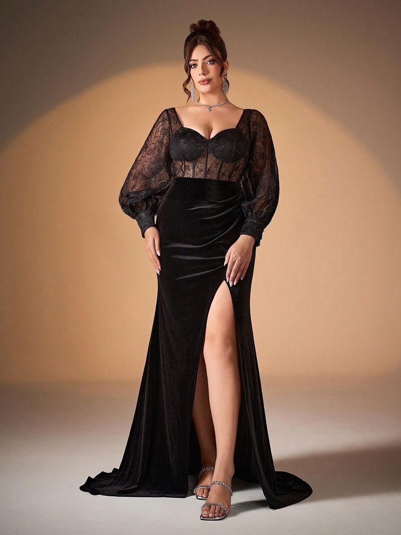 Elegantes, langärmliges, transparentes Abendkleid mit hohem Schlitz und tiefem V-Ausschnitt für Damen – perfekt für Sommerpartys, Geburtstage und Veranstaltungen_voghion.com