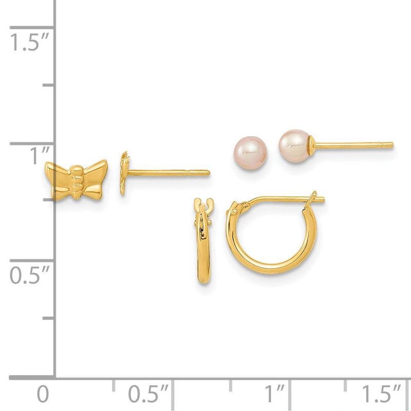 14K Butterfly FW Cultured Pearl And Hoop 3 Pair Earrings Set_voghion.com