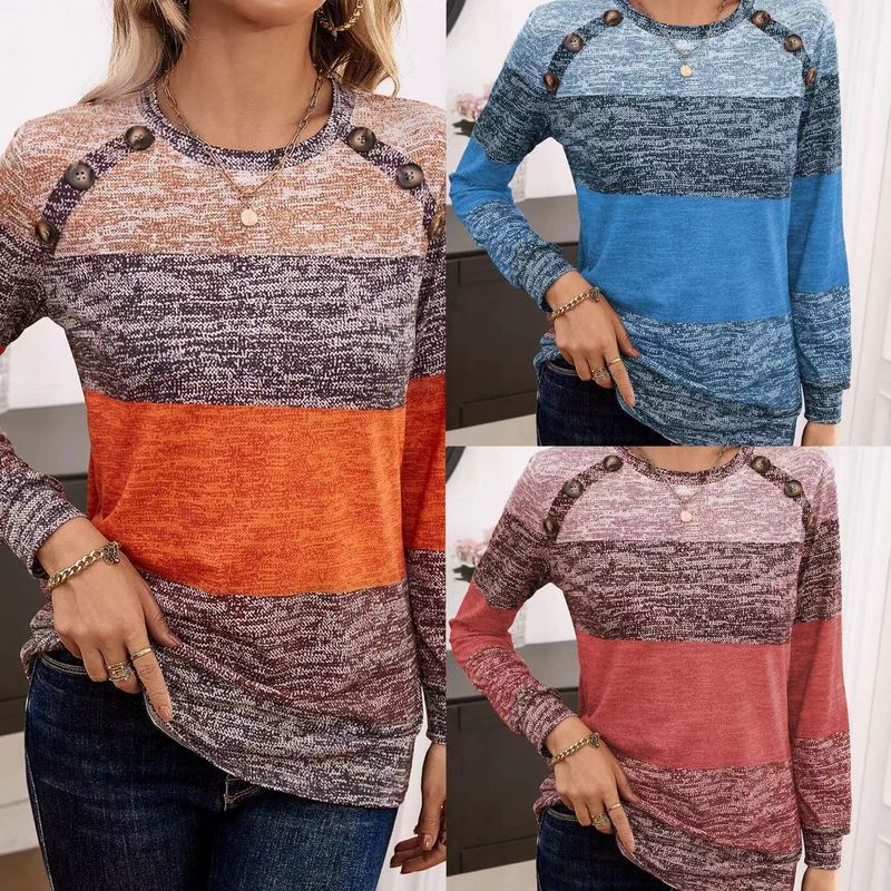 Camiseta de manga larga con cuello redondo y botones estampados en bloque de color para mujer, primavera y otoño 2025_voghion.com