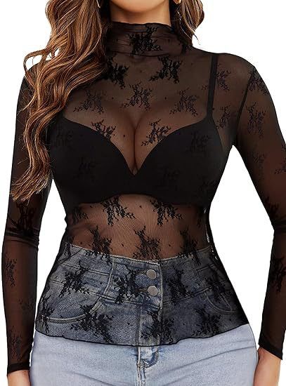 Top da donna, maniche lunghe, collo alto, camicia trasparente, top in pizzo floreale trasparente, hanno un vero colpo_voghion.com