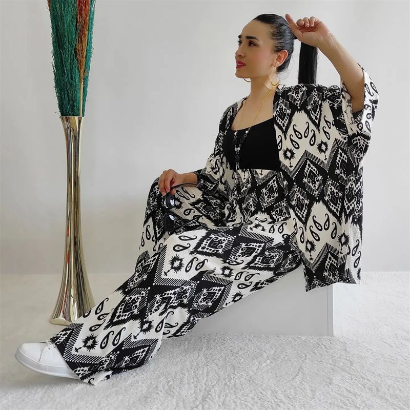 ChicShe Foreign Trade Middle East Damenmode Sommer 2024: Neues, lockeres Plus-Size-Shirt mit Print und halblangen Ärmeln, lässige Hose mit weitem Bein_voghion.com