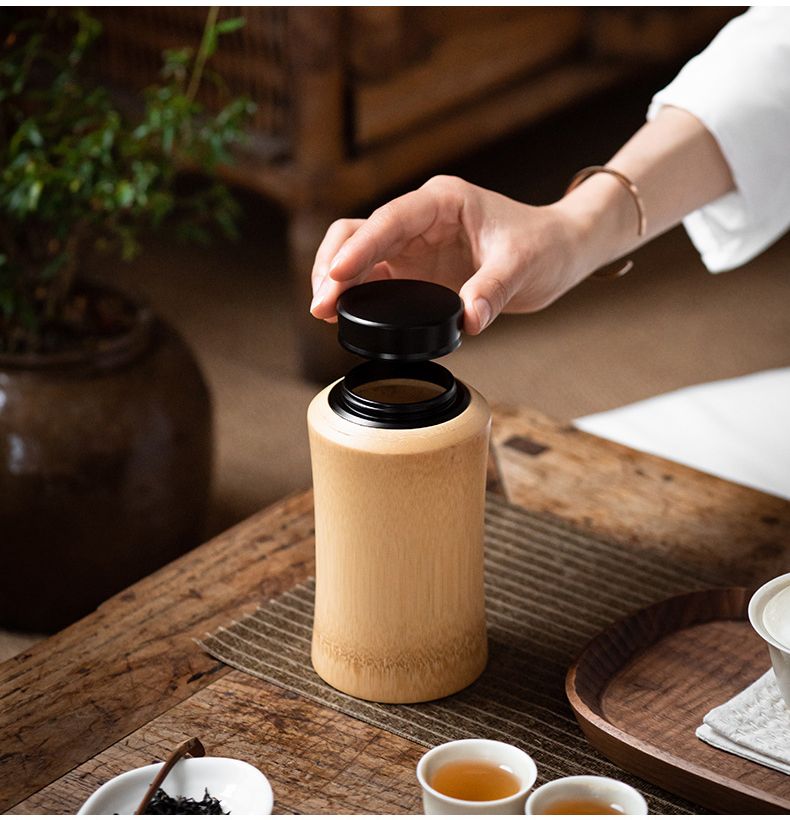 Bamboo Sealed Tea Caddy Handmade Wood Chinese Style Bamboo Container Portable Bamboo Tea Canister for Household Use_voghion.com